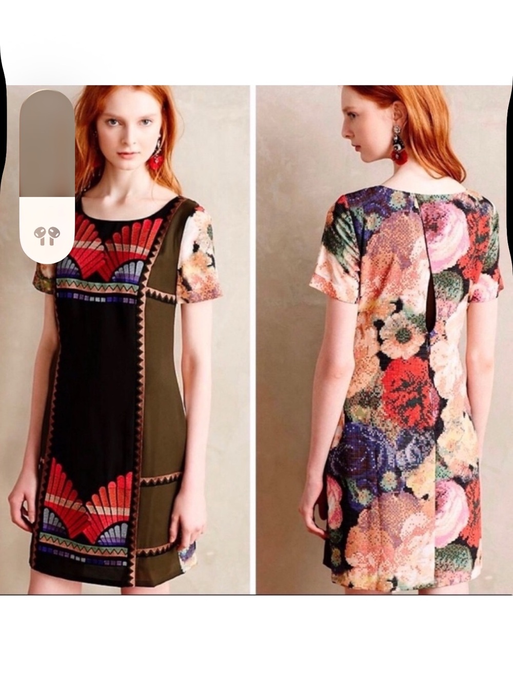 Anthropologie - Olive & Black Floral Patchwork Short Sleeve Dress